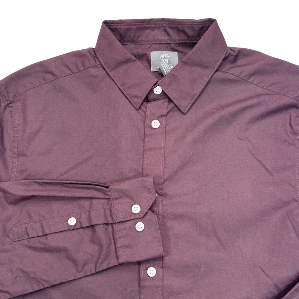 HM Mens Slim Fit Easy Iron Button Down Shirt Burgundy Size M Long Sleeve